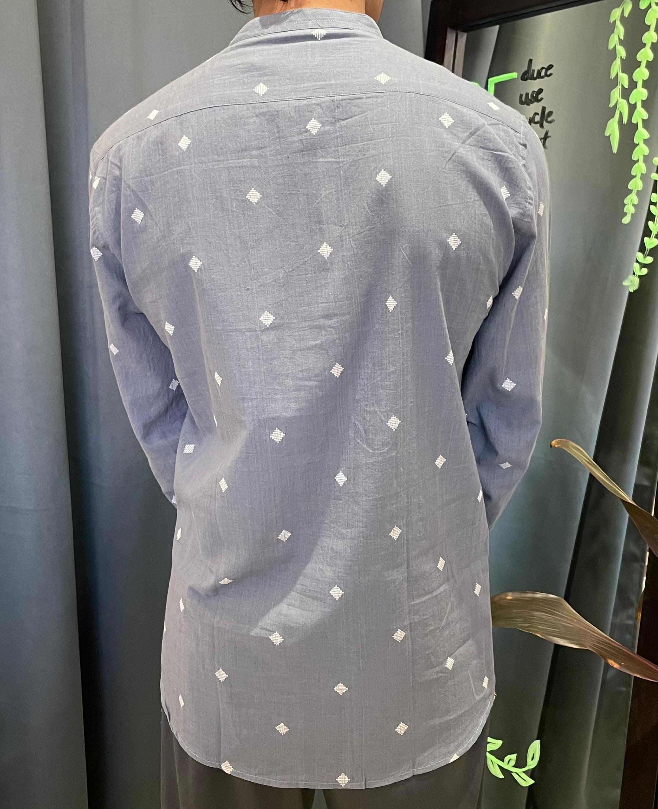 Jamdhani Chinese collar shirt - Grey with white print
