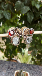 Garnet, Black Rutile & Smoky Quartz Stud Earrings