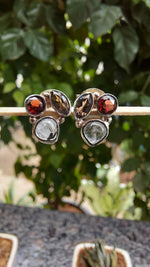 Garnet, Black Rutile & Smoky Quartz Stud Earrings