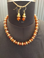 Amber and Brass Beaded Necklace and Earring Set