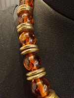 Amber and Brass Beaded Necklace and Earring Set