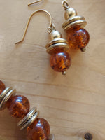 Amber and Brass Beaded Necklace and Earring Set