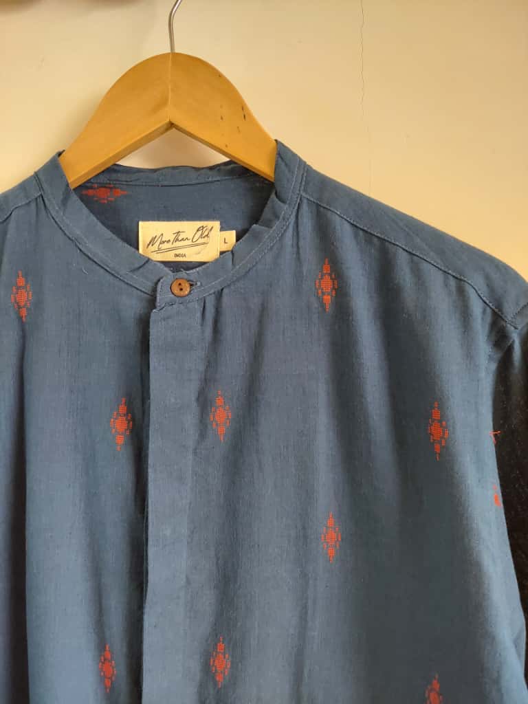 Jamdhani Chinese collar shirt - Navy blue with red print