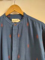Jamdhani Chinese collar shirt - Navy blue with red print