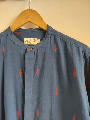 Jamdhani Chinese collar shirt - Navy blue with red print
