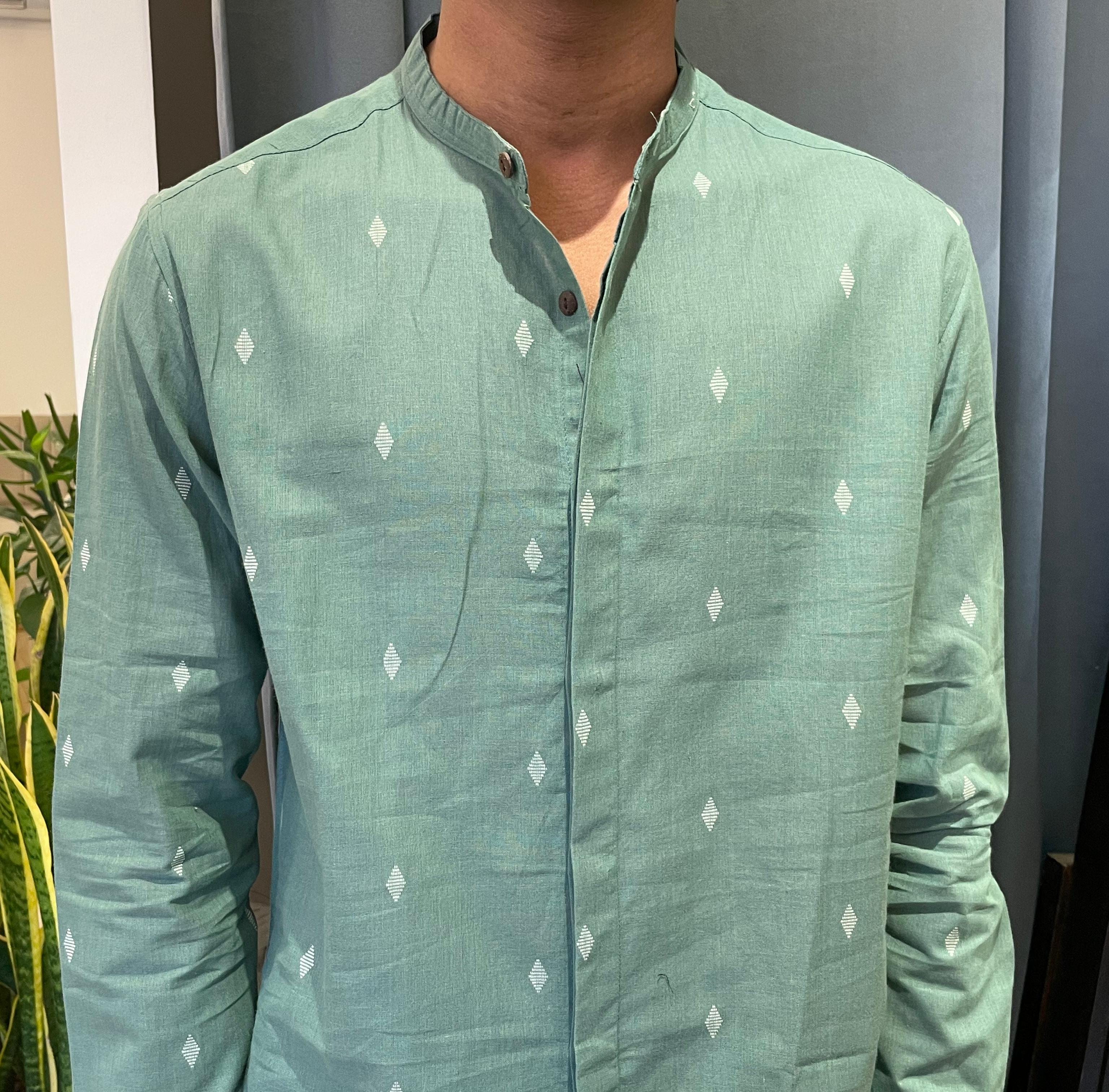 Jamdhani Chinese collar shirt - Serene green with white print