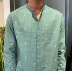 Jamdhani Chinese collar shirt - Serene green with white print