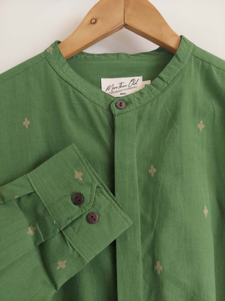 Jamdhani Chinese collar shirt - Green with yellow print