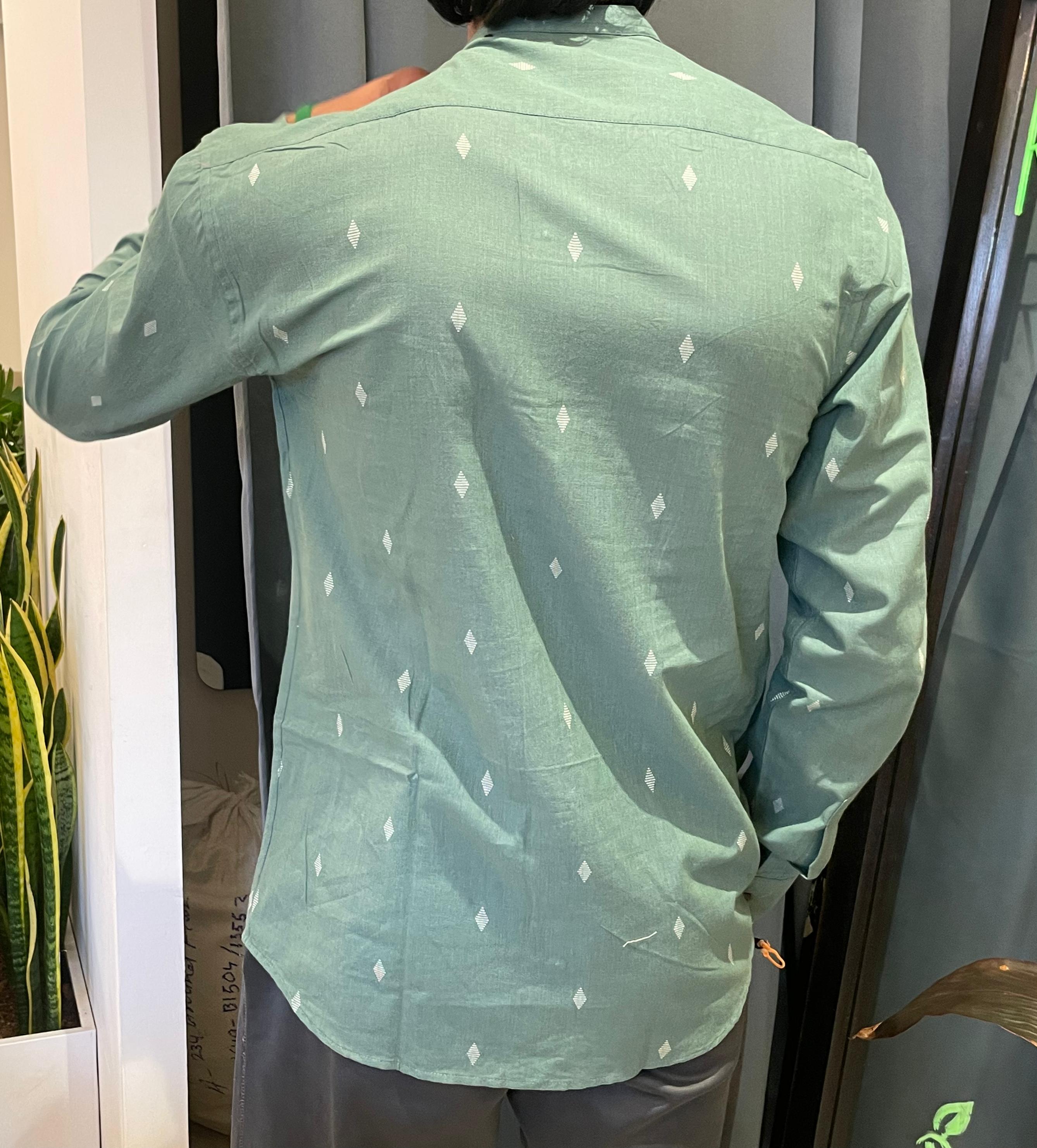 Jamdhani Chinese collar shirt - Serene green with white print