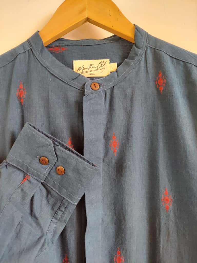 Jamdhani Chinese collar shirt - Navy blue with red print