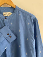 Jamdhani Chinese collar shirt - sky blue with white print