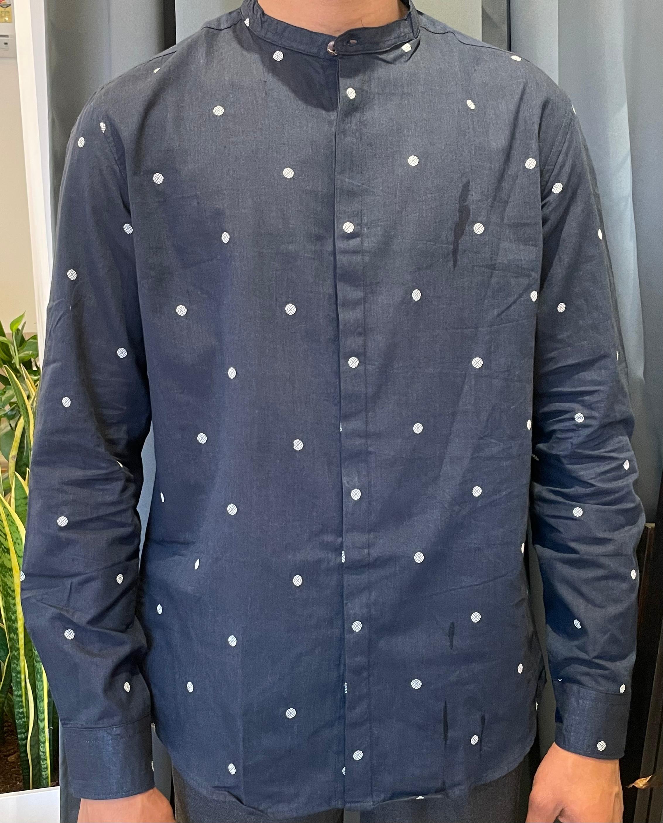 Jamdhani Chinese collar shirt - Black with white print