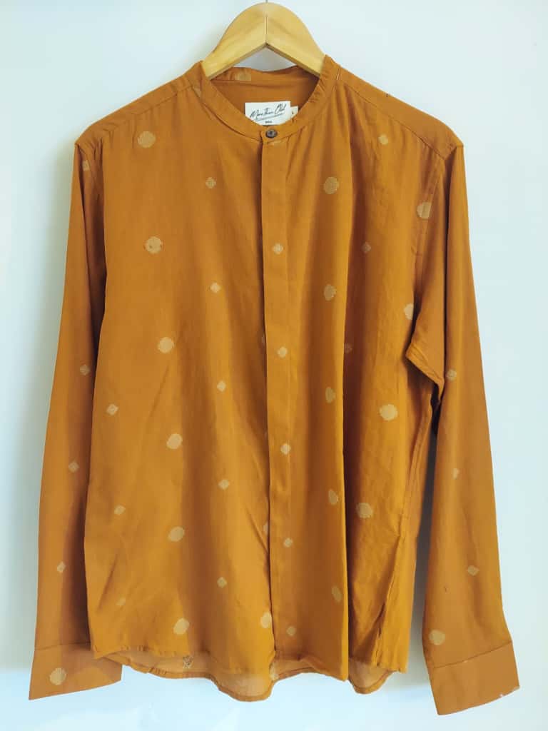 Jamdhani Chinese collar shirt - Brick orange with yellow print