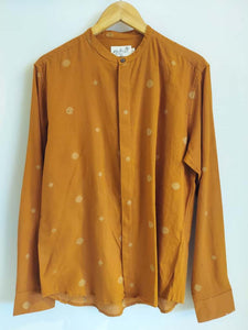 Jamdhani Chinese collar shirt - Brick orange with yellow print