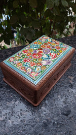 Carved Walnut Wood Box with Painted Paper Mache Lid
