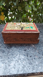 Carved Walnut Wood Box with Painted Paper Mache Lid
