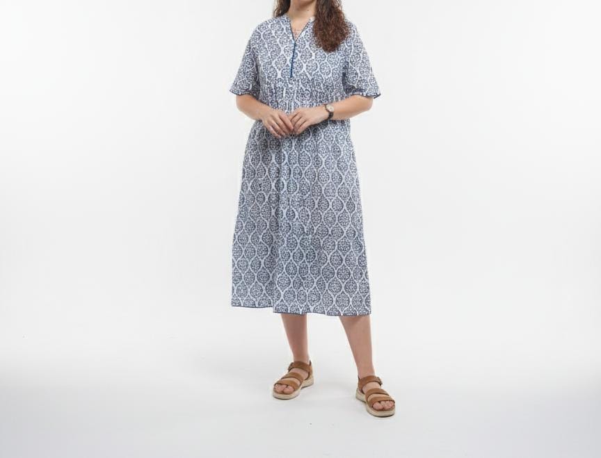 White and blue block printed dress