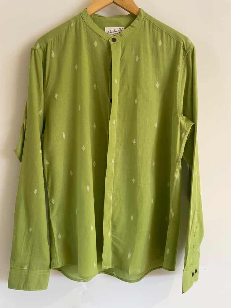 Jamdhani Chinese collar shirt - neon green with white print