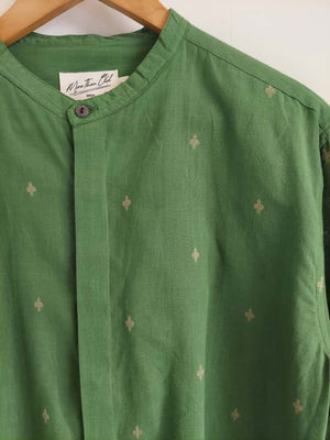 Jamdhani Chinese collar shirt - Green with yellow print