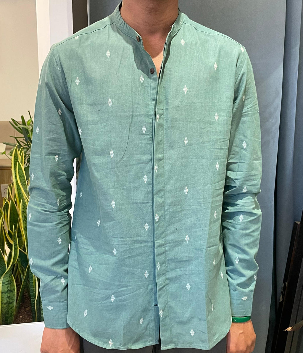 Jamdhani Chinese collar shirt - Serene green with white print