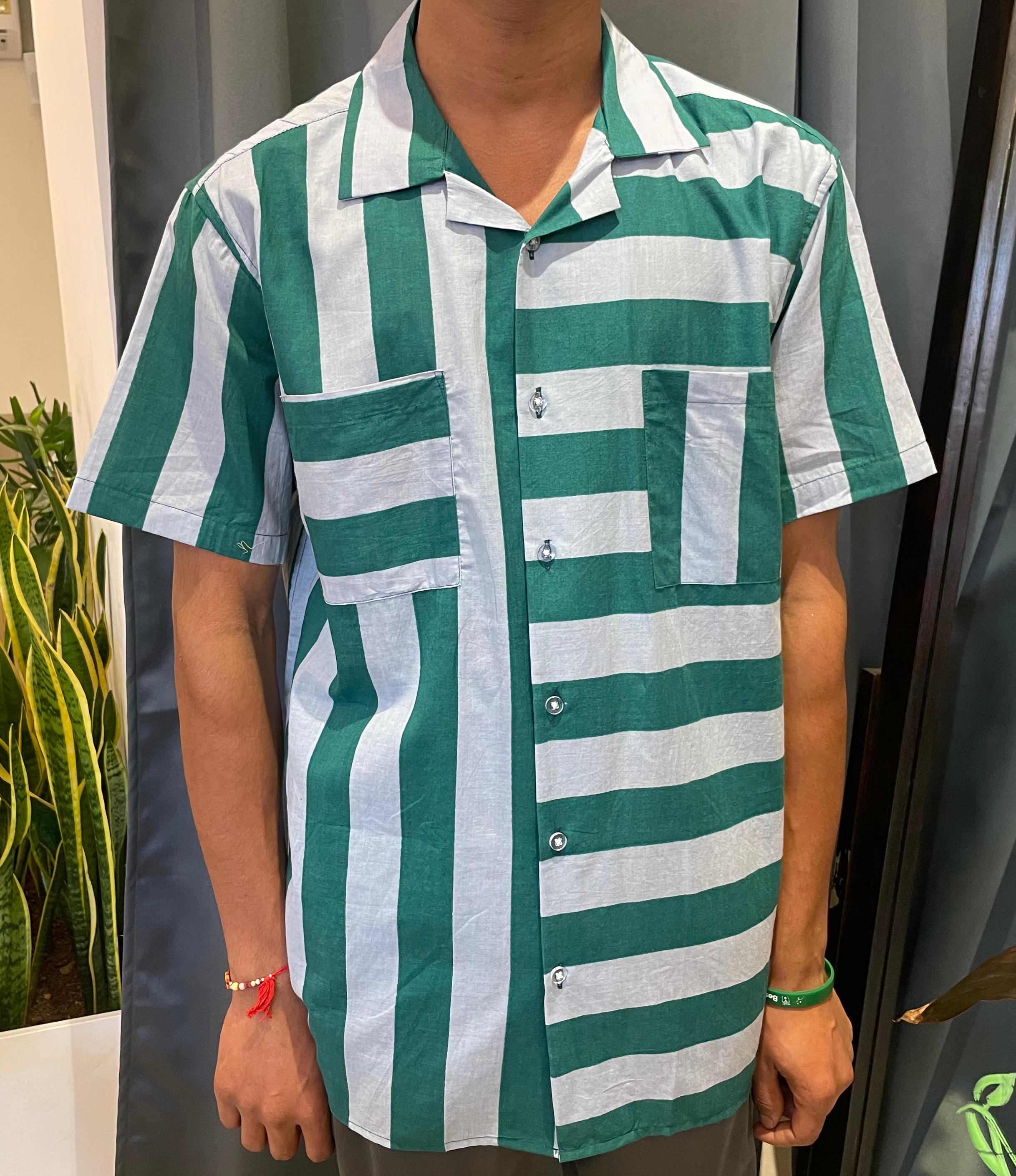 Half sleeve stripes shirt - Green and Grey