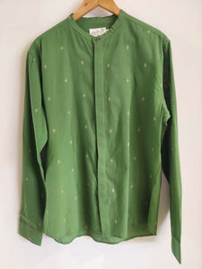 Jamdhani Chinese collar shirt - Green with yellow print