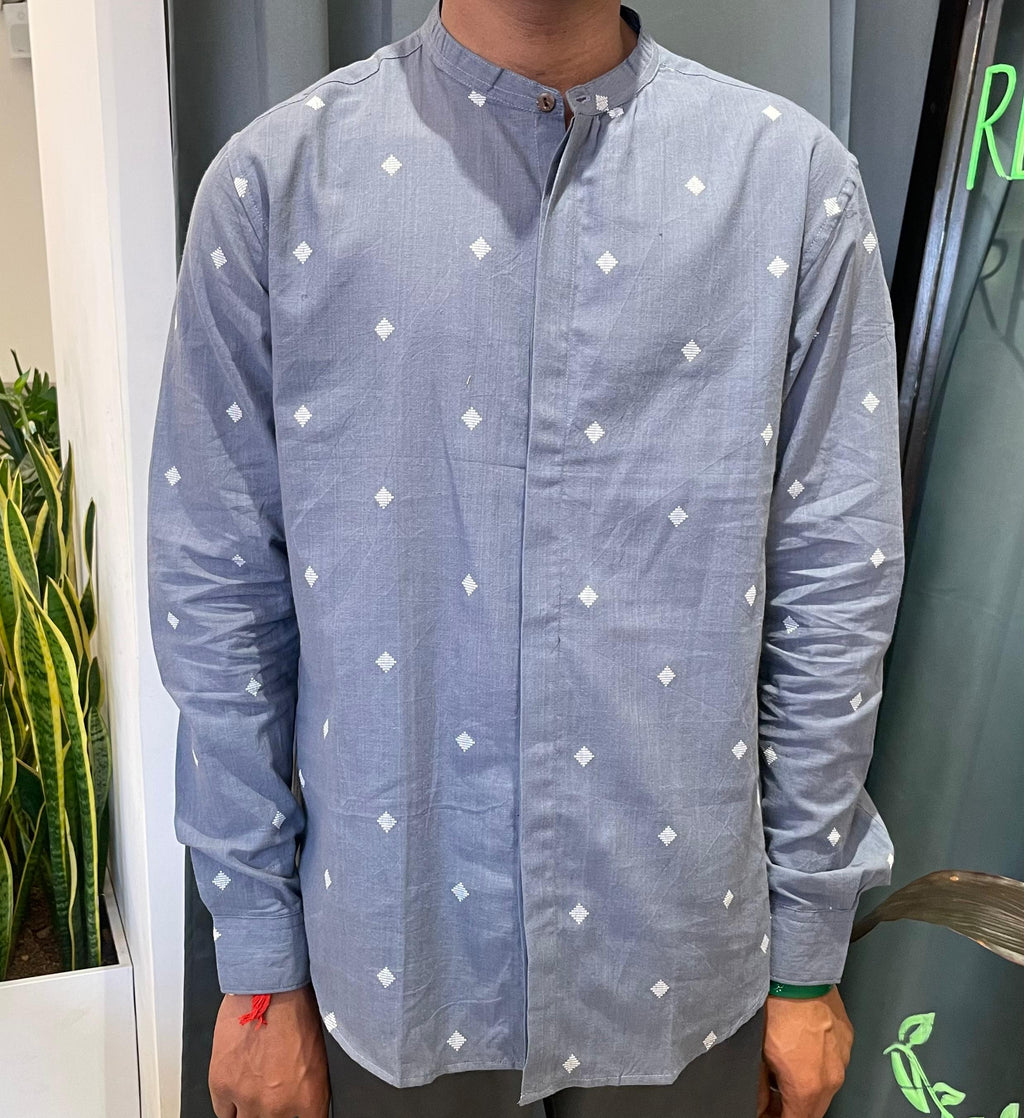 Jamdhani Chinese collar shirt - Grey with white print