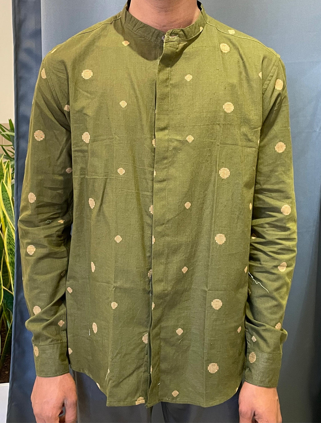 Jamdhani Chinese collar shirt - Army green with orange print