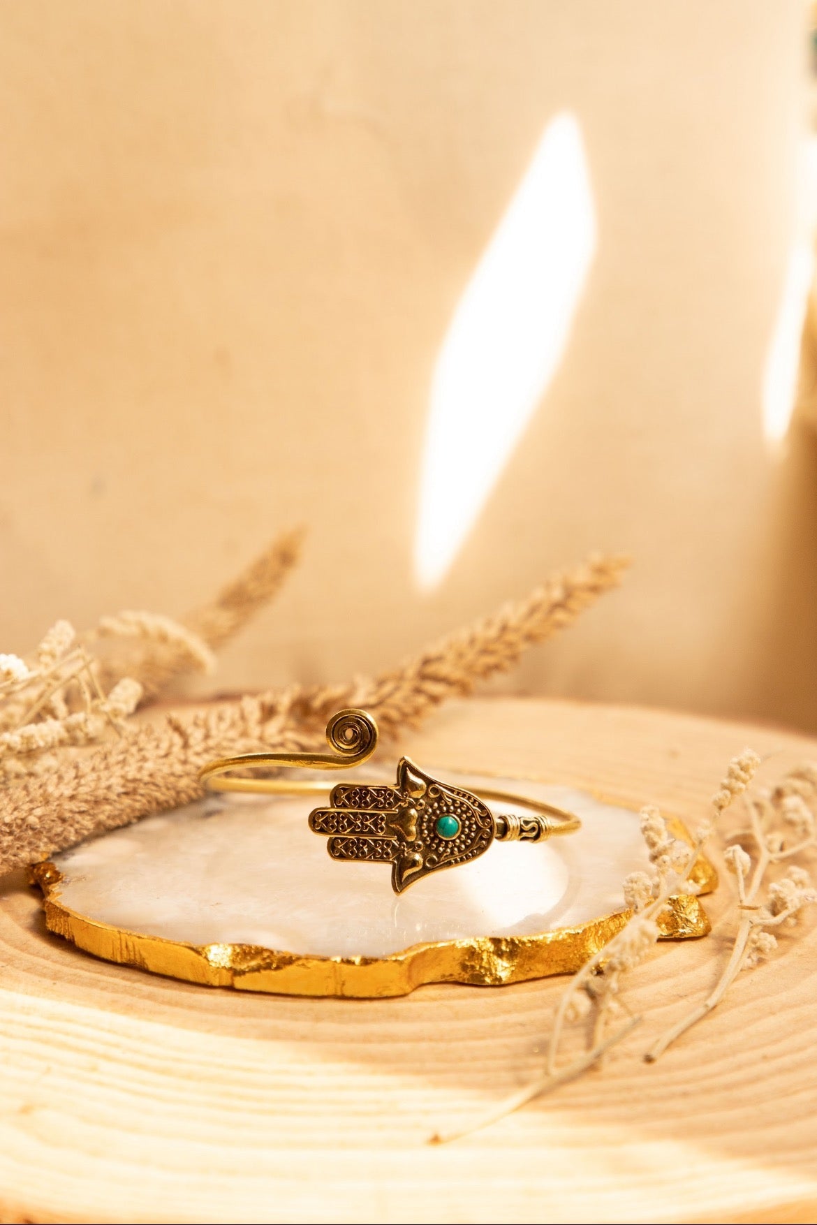 Hamsa brass handcuff with turquoise stone