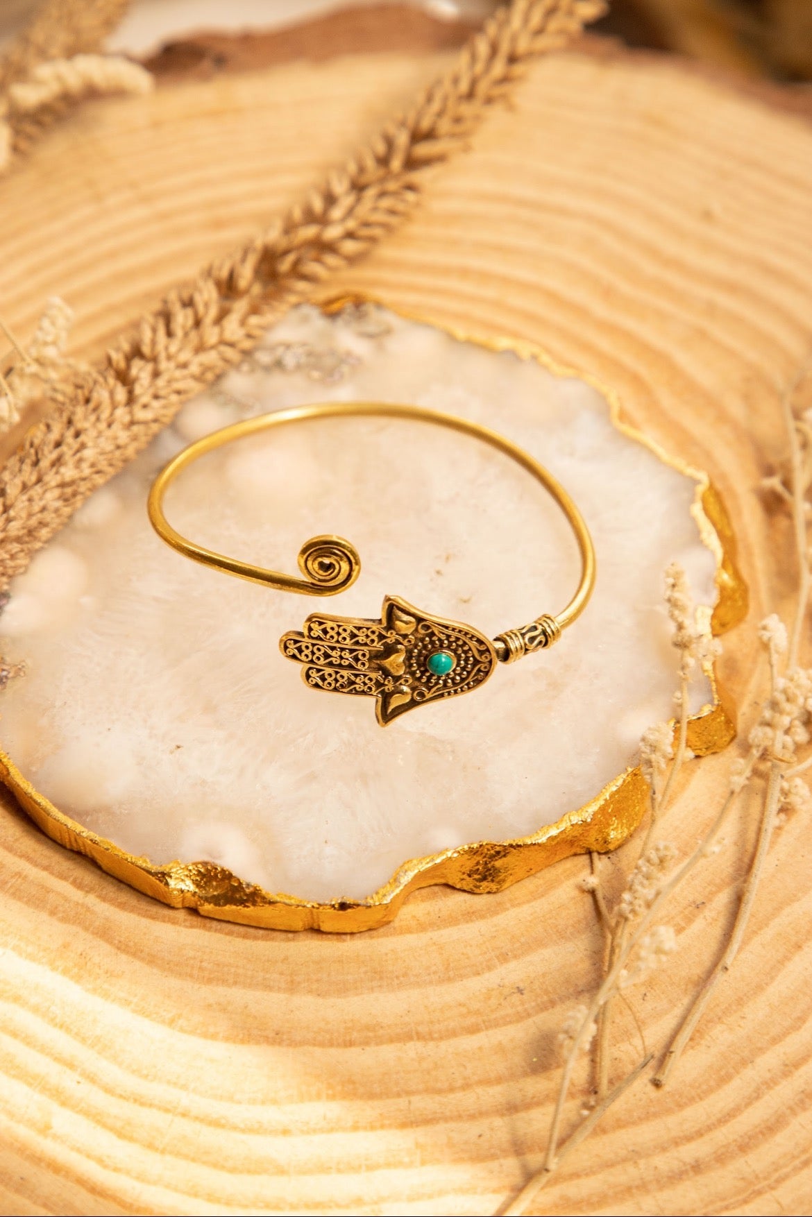 Hamsa brass handcuff with turquoise stone