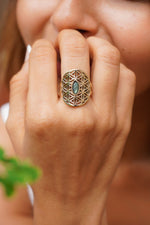 Labradorite flower of life adjustable brass ring