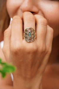 Labradorite flower of life adjustable brass ring