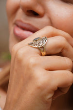 Labradorite flower of life adjustable brass ring