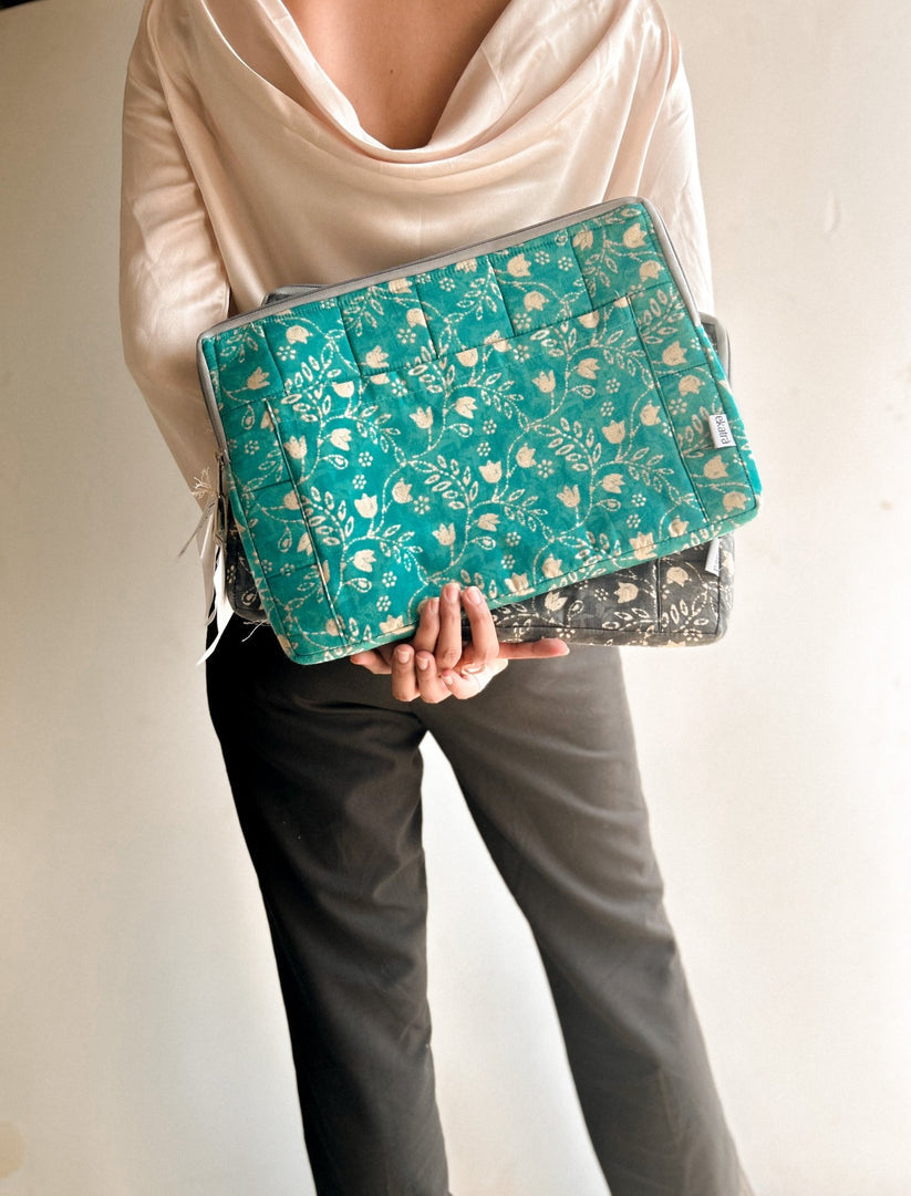 Cotton Laptop Sleeve - Teal floral