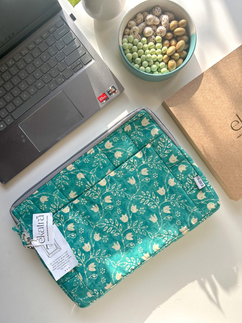 Cotton Laptop Sleeve - Teal floral
